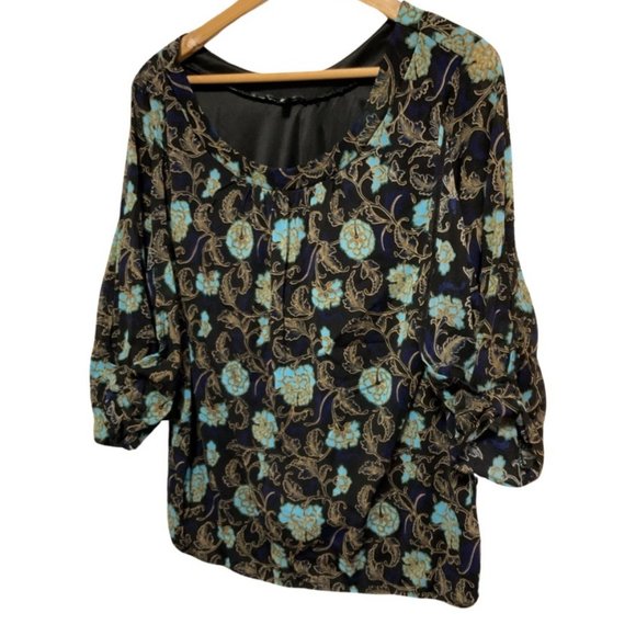 Blue/Black/Gold Floral & Paisley Print Top - Picture 1 of 4